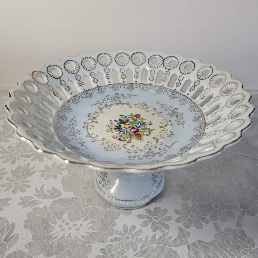 Vintage Betson Pedestal 8" dia Compote 4-3/4" Articulated Flowers Hand Painted
